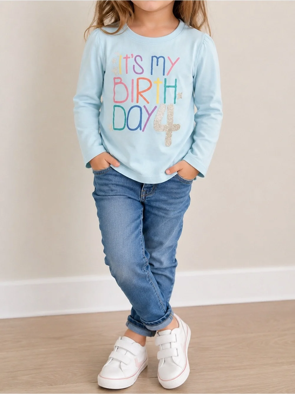 The Children's Place Girls 4T 4th Birthday Shirt Long Sleeve Glitter Blue